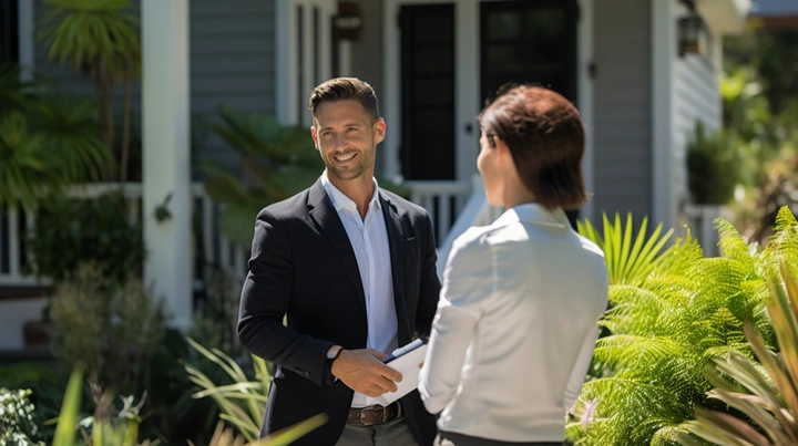 Real estate agent talking with a client outside a house on a sunny day