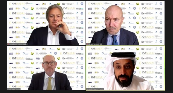 Speakers at today’s JGT Dubai online press conference (clockwise from top left): David Bondi, Senior Vice President of Informa Markets in Asia; Corrado Peraboni, Chief Executive Officer of IEG; Ahmed Bin Sulayem, Executive Chairman and Chief Executive Officer of DMCC, and Martin Leake (Master of Ceremony), Special Adviser of DMCC Speakers at today’s JGT Dubai online press conference (clockwise from top left): David Bondi, Senior Vice President of Informa Markets in Asia; Corrado Peraboni, Chief Executive Officer of IEG; Ahmed Bin Sulayem, Executive Chairman and Chief Executive Officer of DMCC, and Martin Leake (Master of Ceremony), Special Adviser of DMCC