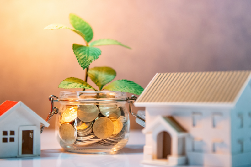 Real estate houses with a coin plant next to them.