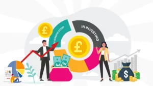 man and women in front of diagram stating diversification in investing.
