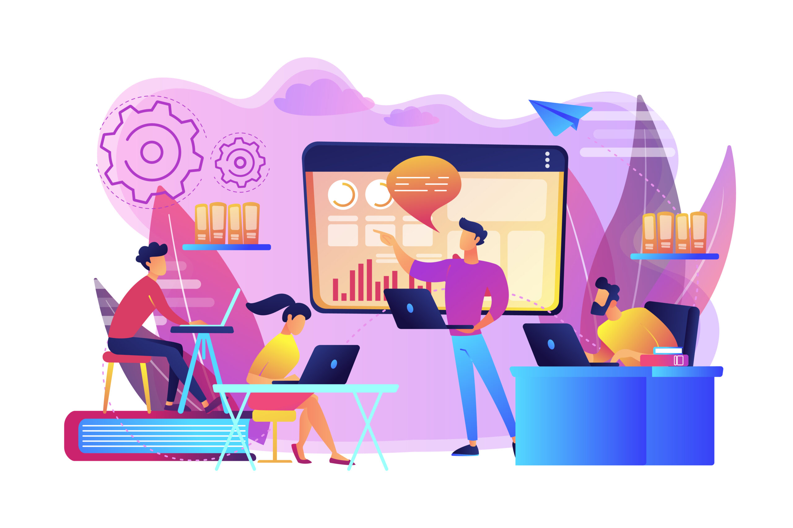 Business team with laptops look at digital presentation with charts. Digital presentation, office online meeting, visual data representation concept. Bright vibrant violet