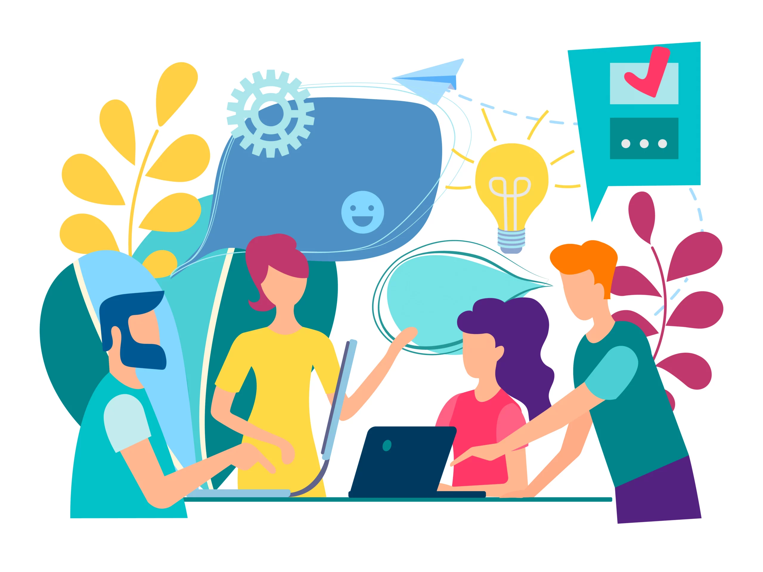 This colorful image shows a real estate team communicating effectively.