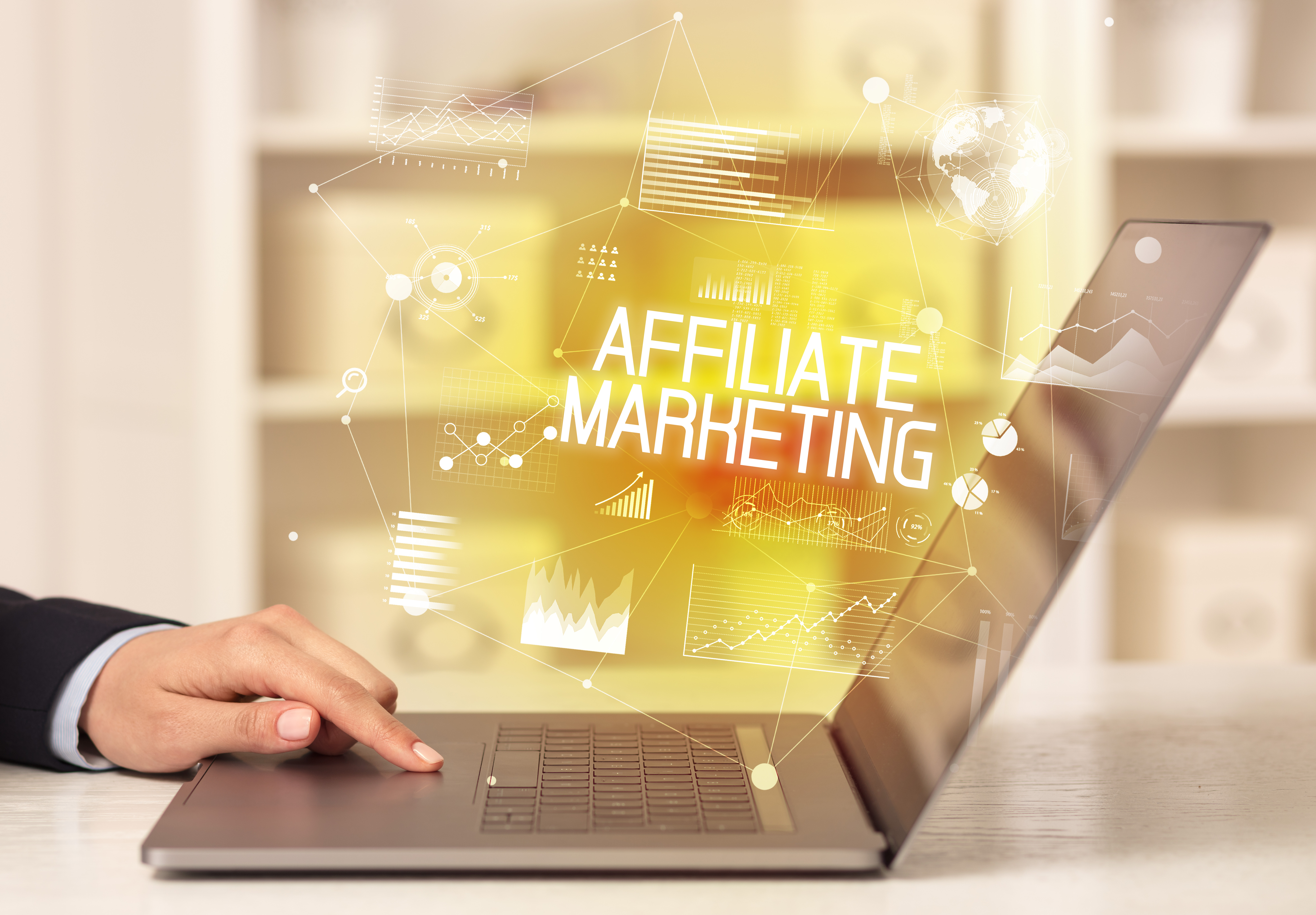 Side view of a real estate man working on laptop with AFFILIATE MARKETING inscription, modern business concept