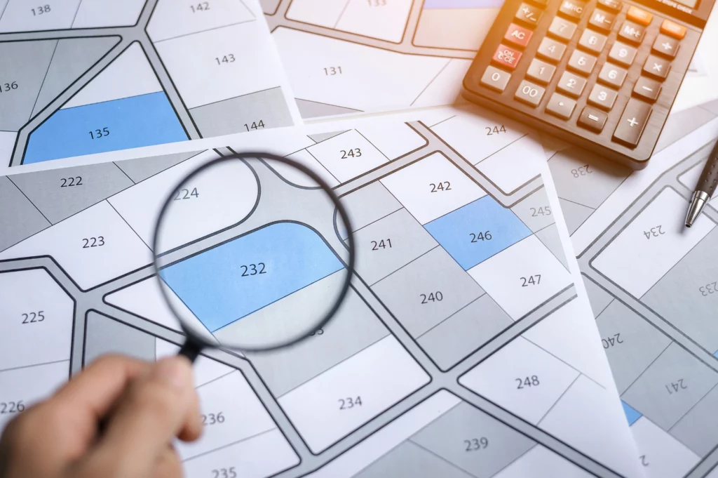 buying land map with a searching hand 