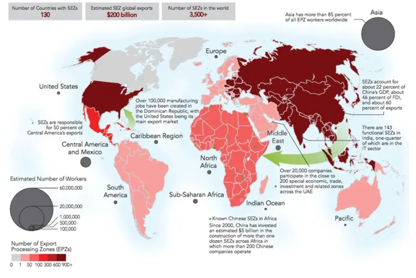 Peta global menunjukkan taburan Special Economic Zones (SEZ) di seluruh dunia yang menjadi rujukan kepada pembangunan JS-SEZ dan pertumbuhan ekonomi Johor