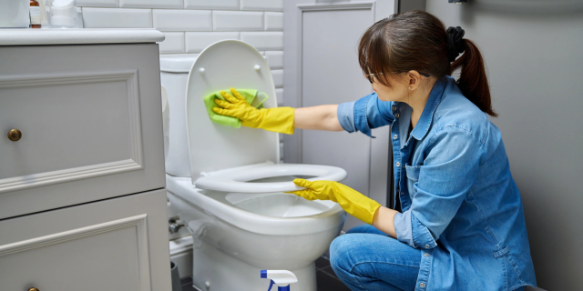 年轻女子清理马桶