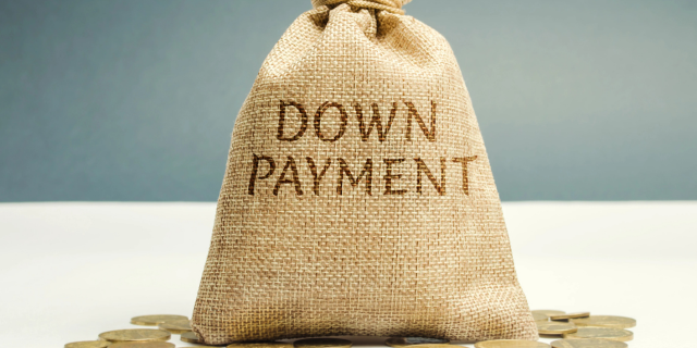 一袋装着硬币，写着down payment的麻袋