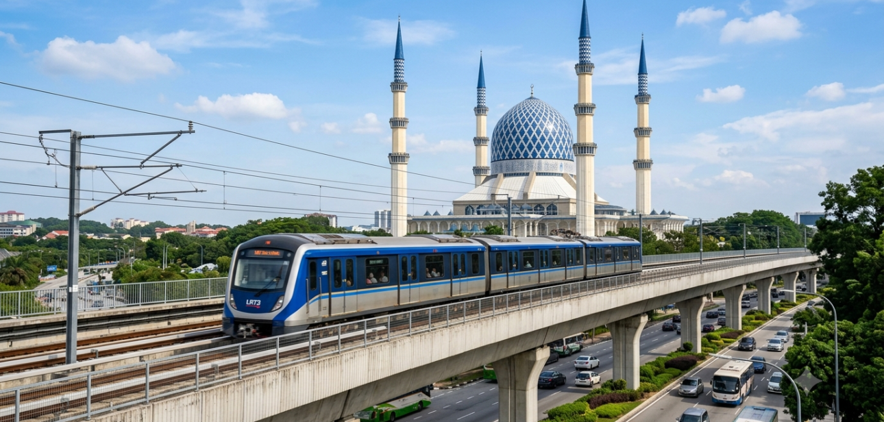 LRT3 Shah Alam Line sky-blue train at a station on opening day
