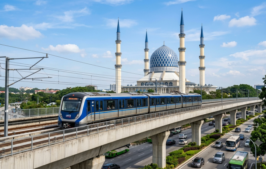 LRT3 Shah Alam Line sky-blue train at a station on opening day