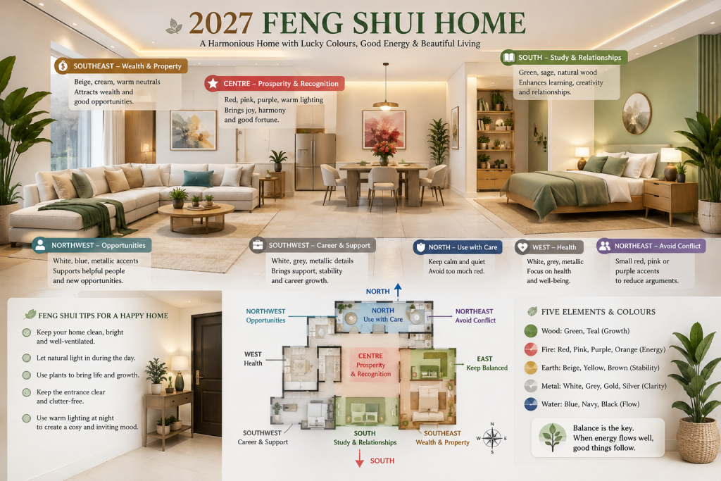 2027 Feng Shui colours for a living room with beige walls and red accents