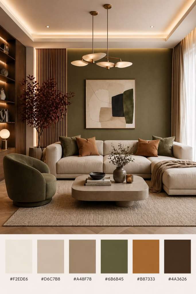 2027 Feng Shui colors for a living room with beige walls and green accents