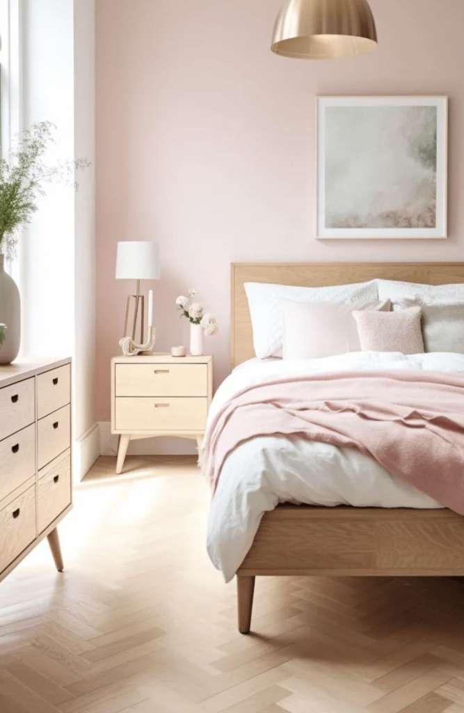2027 Feng Shui colors for a bedroom with muted pink walls and wooden accent