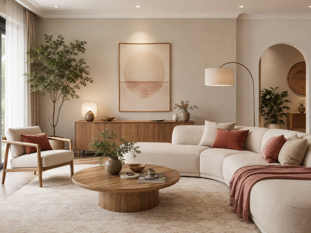 2027 Feng Shui living room decor with warm neutral wall colors, wood furniture and plants by IQI Global